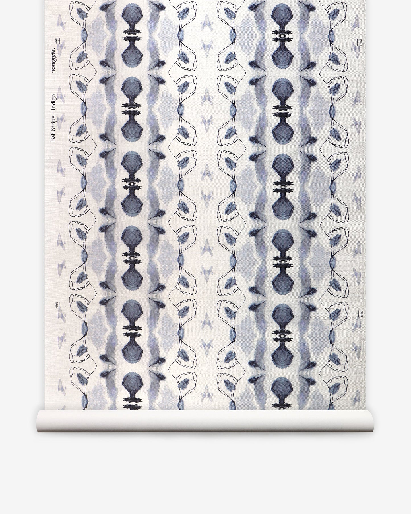 A roll of Bali Stripe Grasscloth wallpaper with an Indigo blue and white pattern.
