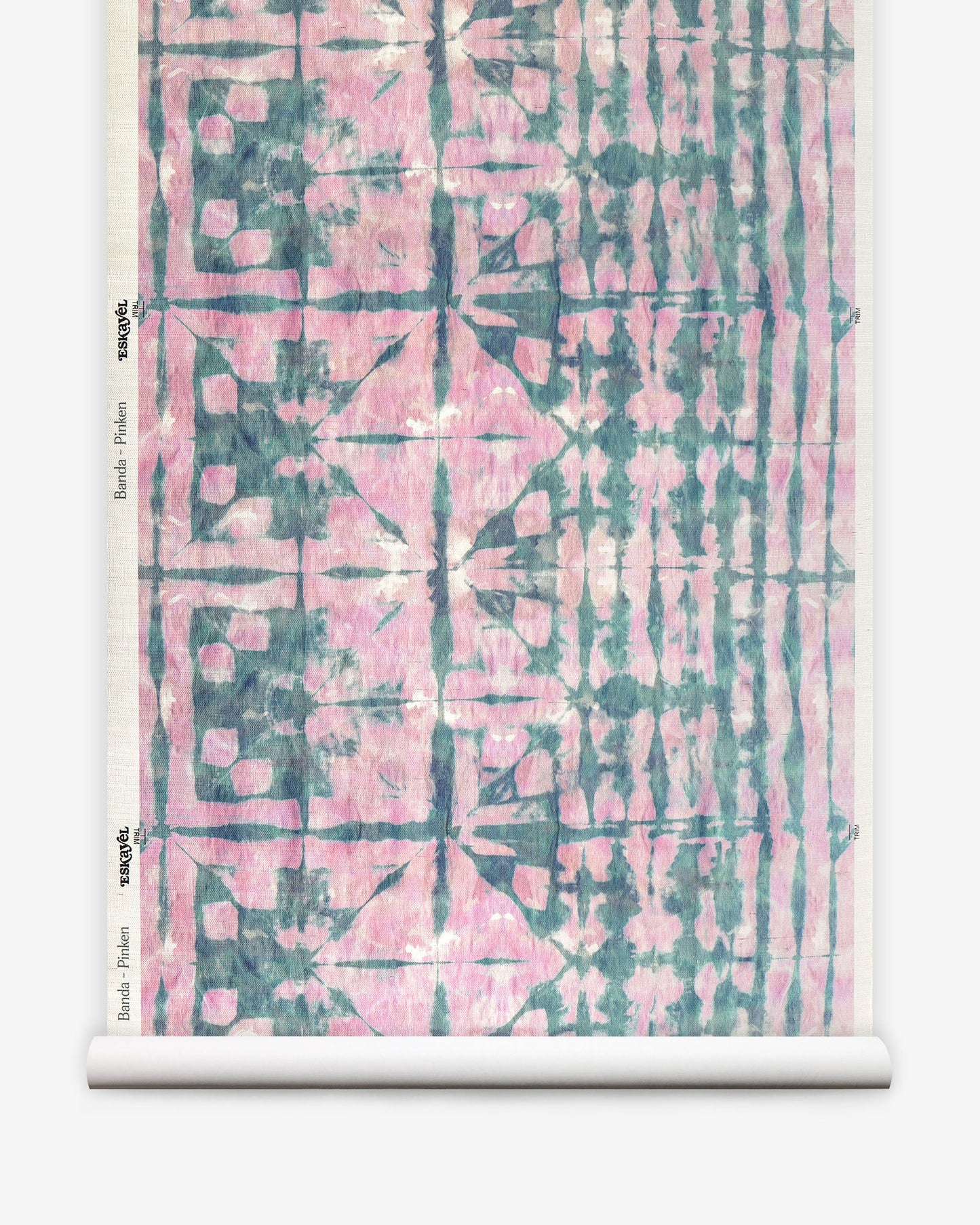 A pink and green tie dye pattern on a roll of wallpaper with Banda Grasscloth Pinken techniques