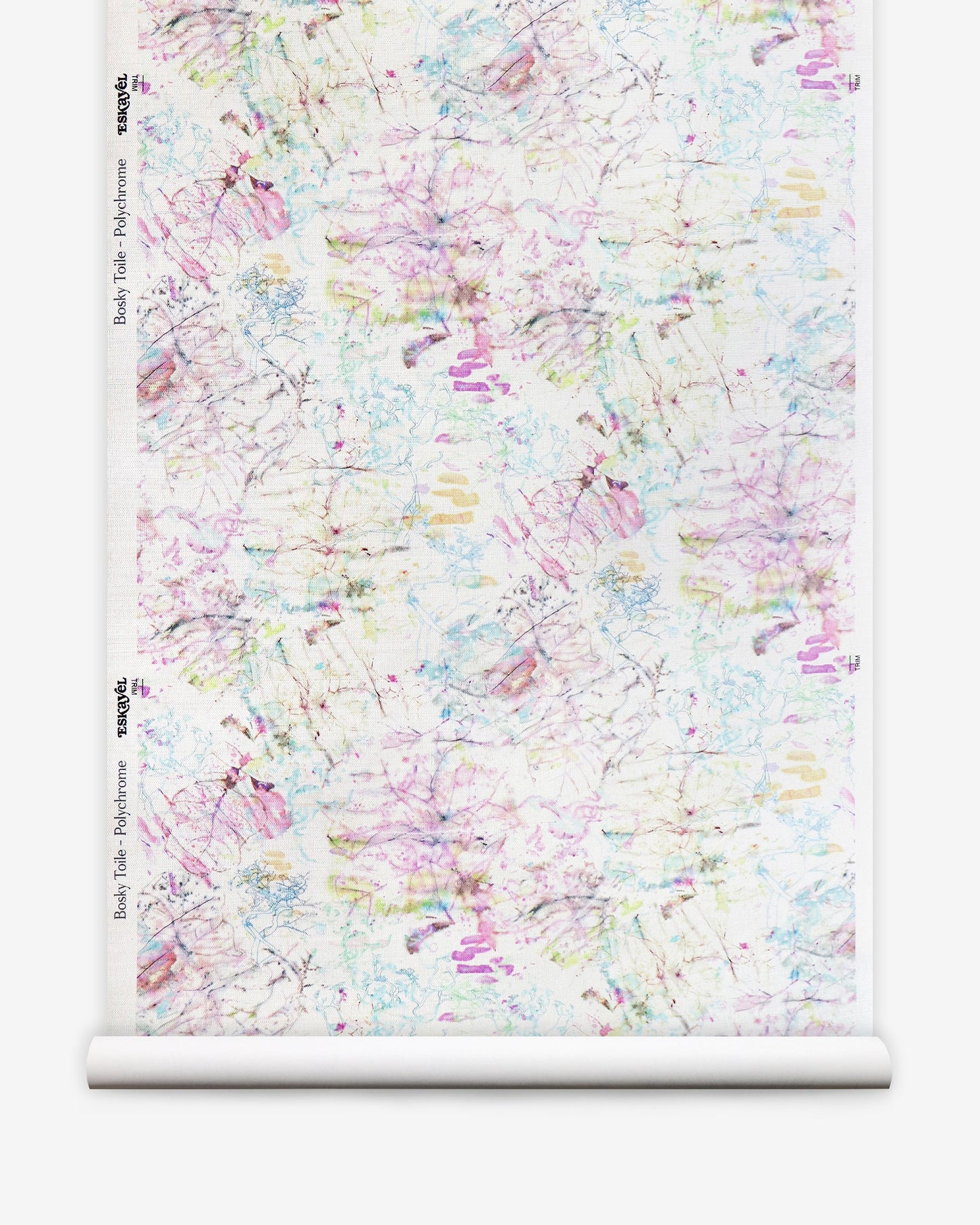 A roll of Bosky Toile Grasscloth Polychrome paper with Polychrome paint splatters on it