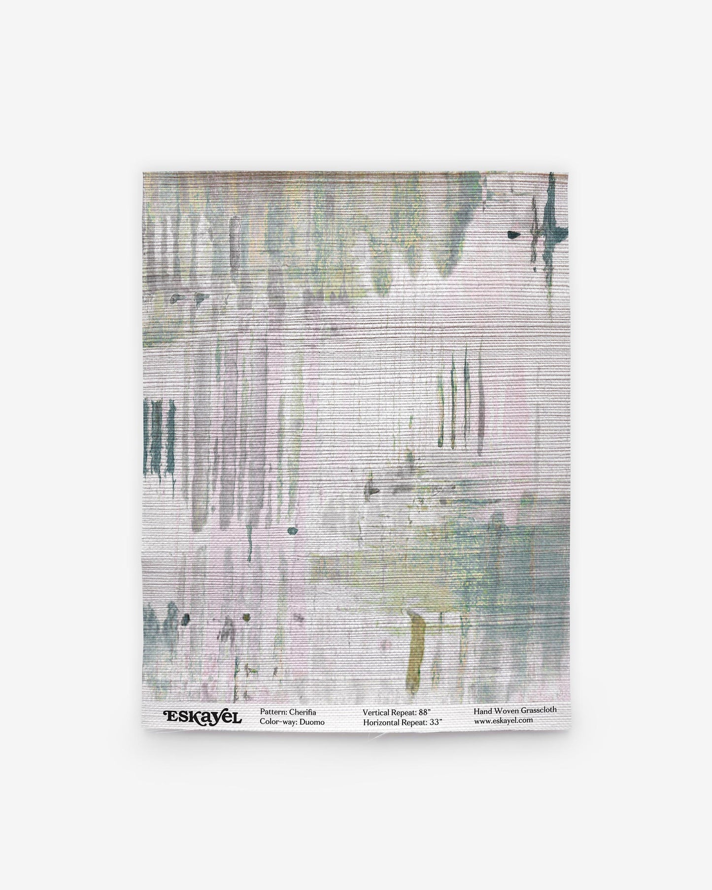 An abstract painting on wallpaper with a textural weave, reflecting elements of the Cherifia Grasscloth Duomo patternon wallpaper