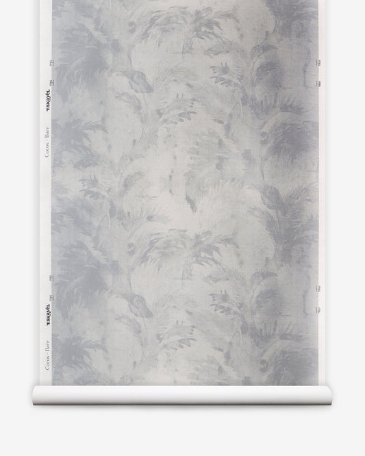 A roll of Cocos Grasscloth Bare with grey and white palm tree motifs