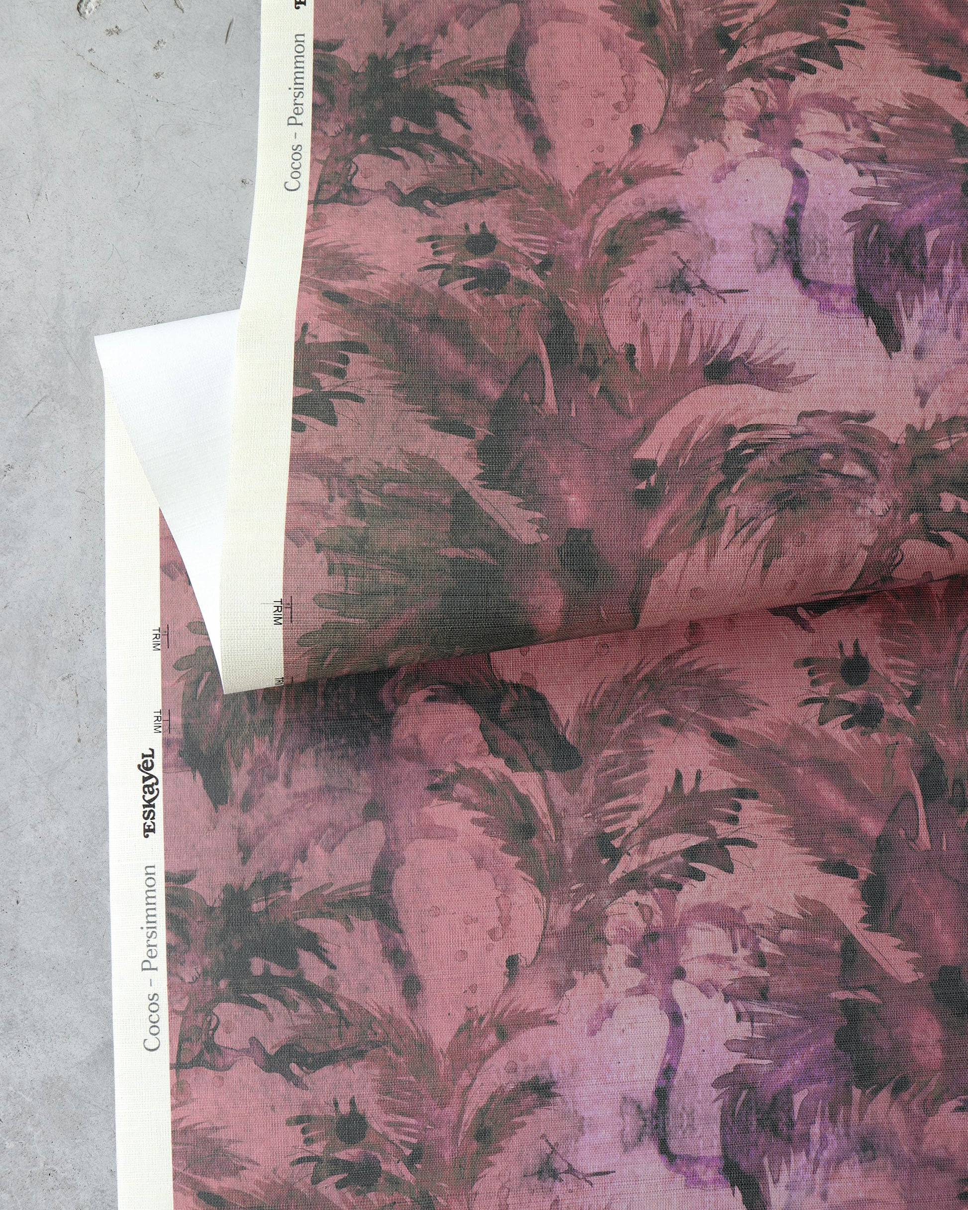 A luxurious piece of pink and black patterned Cocos Grasscloth, reminiscent of Persimmon, made from Cocos grasscloth