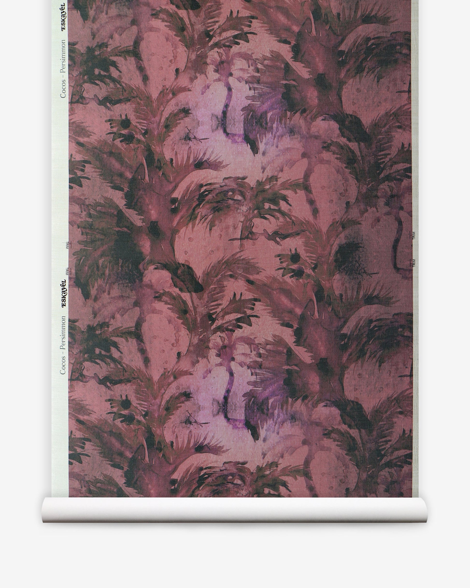 A pink luxury Cocos Grasscloth wallpaper with a black and purple pattern