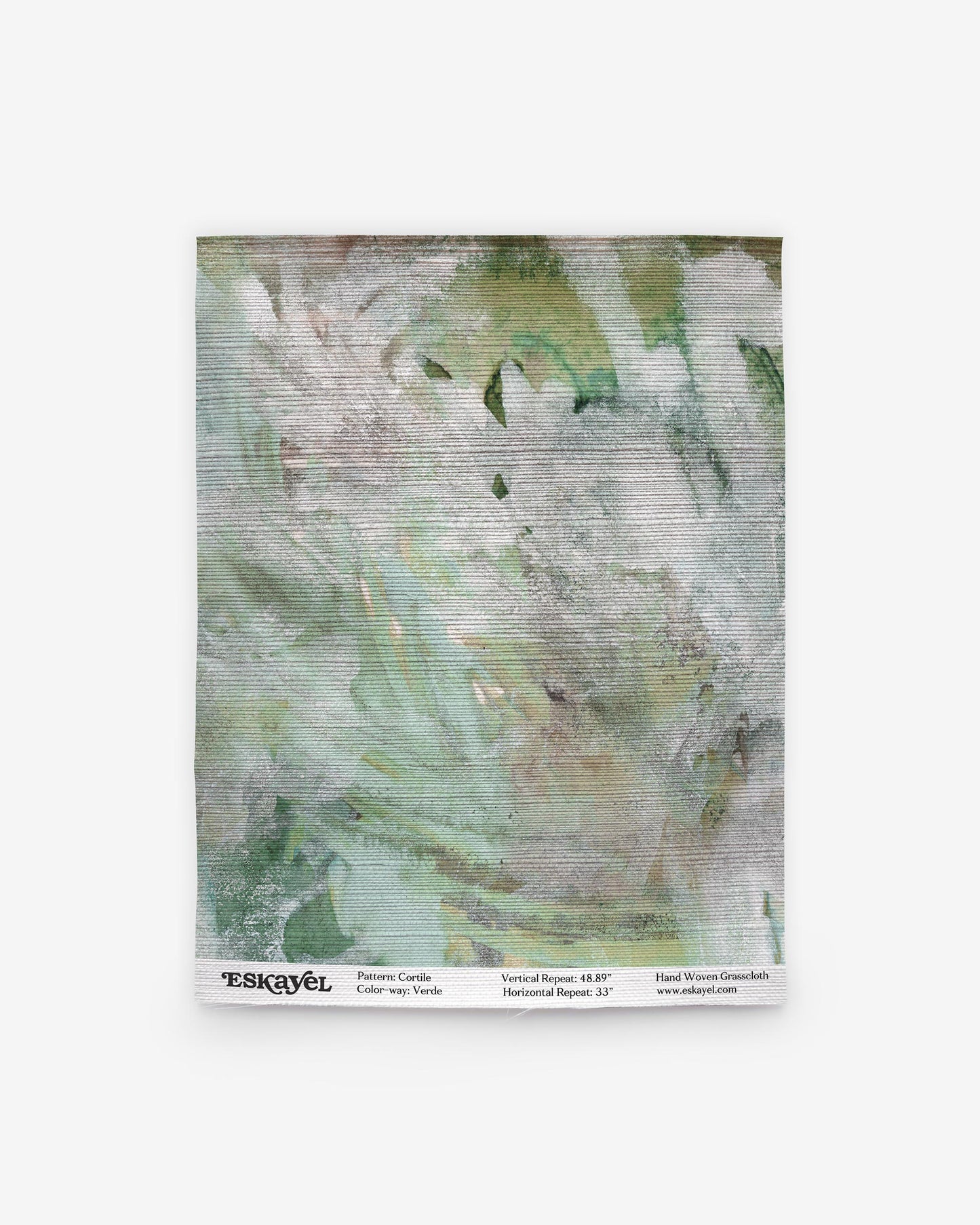A Cortile Grasscloth Verde abstract painting depicting an Italianate garden on wallpaper