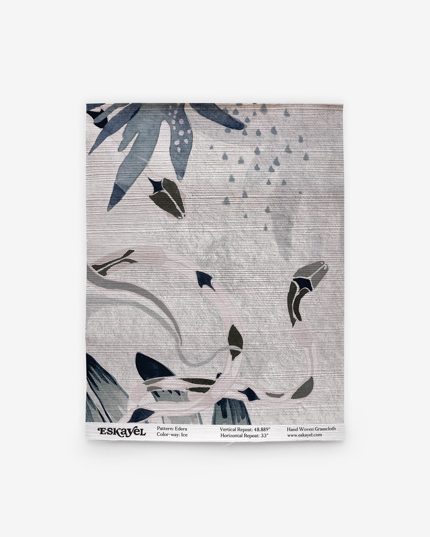 a sample of the Edera Grasscloth Sample Ice, blue and white abstract design on wallpaper