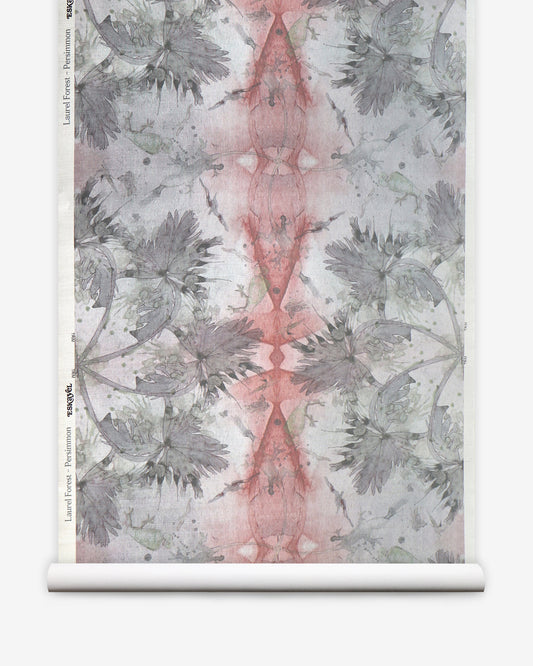 A pink and grey floral wallpaper on a roll named "Laurel Forest Grasscloth Persimmon" with watercolor brushstrokes creating a tropical atmosphere
