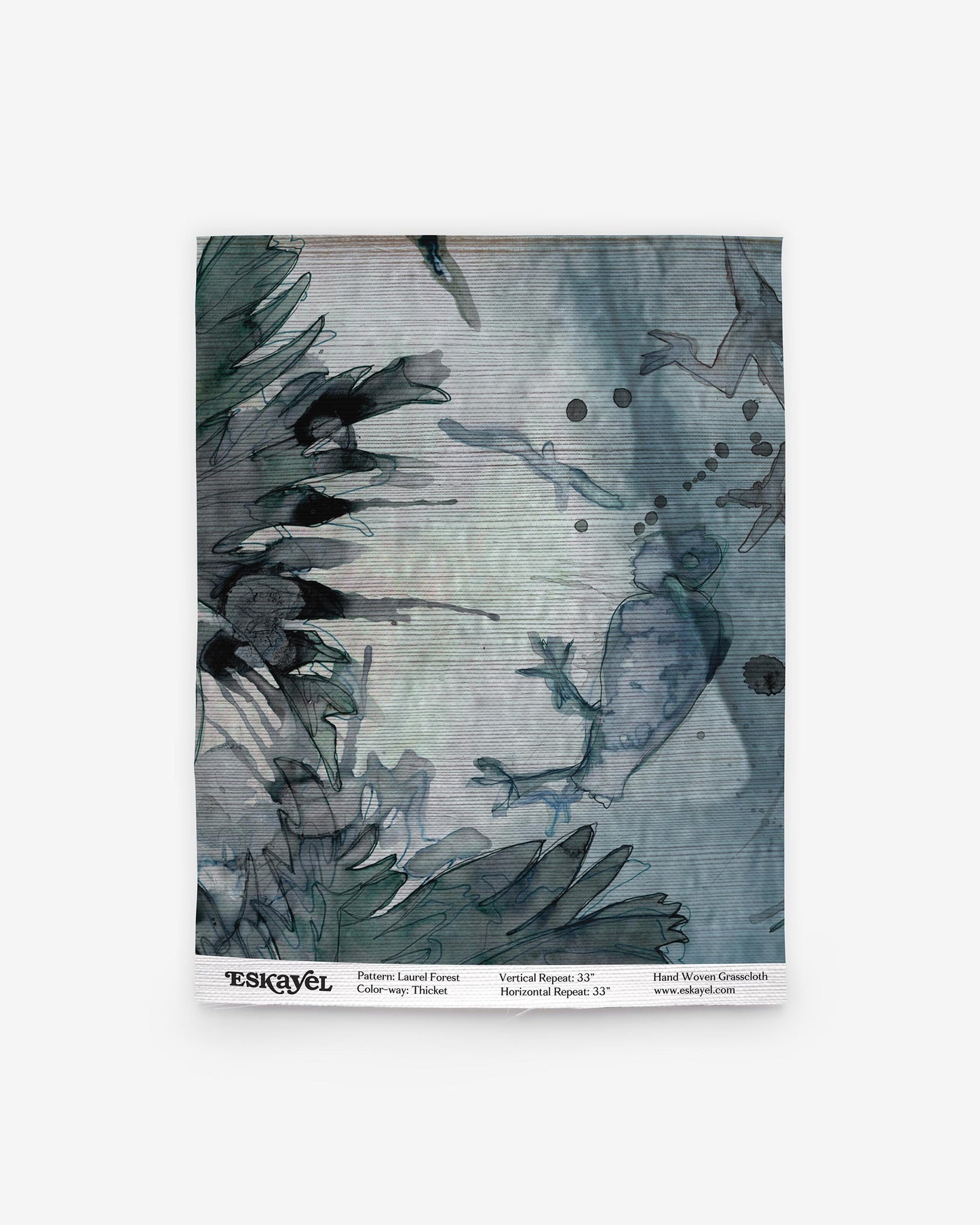 A black and white image of a frog on a blue background, Laurel Forest Grasscloth Sample Thicket available for order