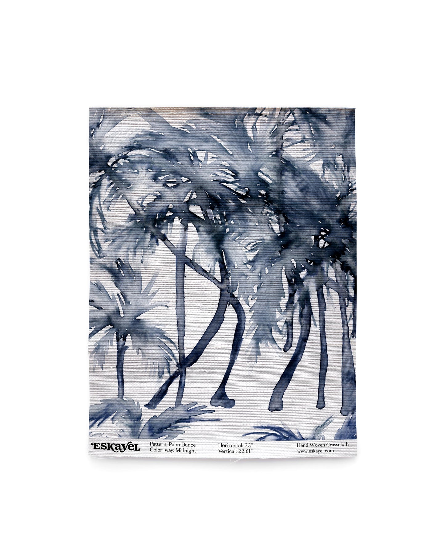 A blue and white Palm Dance Grasscloth||Midnight painting of Palm trees on a wall showing a watercolor pattern.