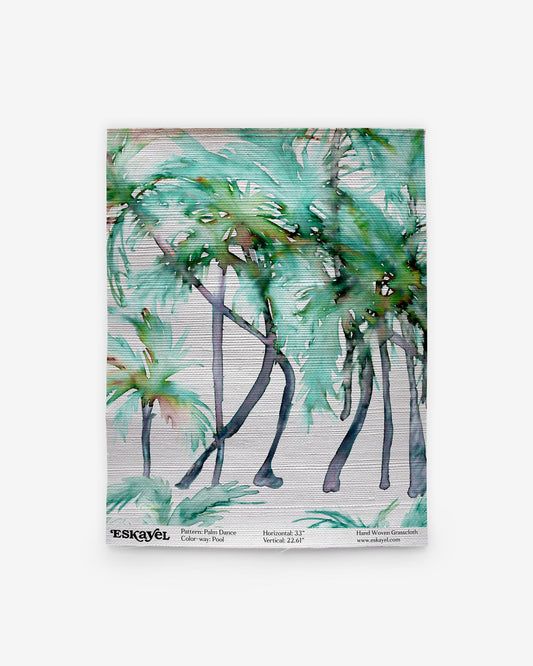 a Palm Dance Grasscloth Sample Pool of palm trees on wallpaper