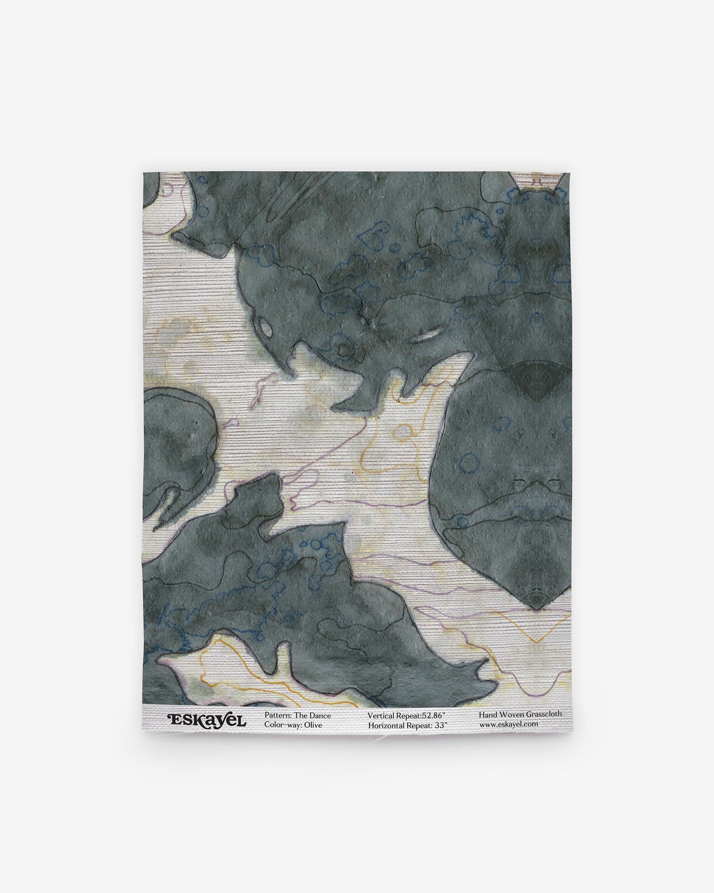 An image of a black and white painting on wallpaper in the Olive colorway from The Dance Grasscloth Olive collectionon wallpaper