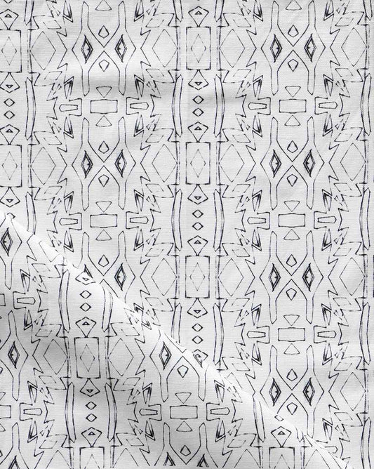 A fabric with a geometric pattern in Akimbo 5 Fabric Greyscale colorway