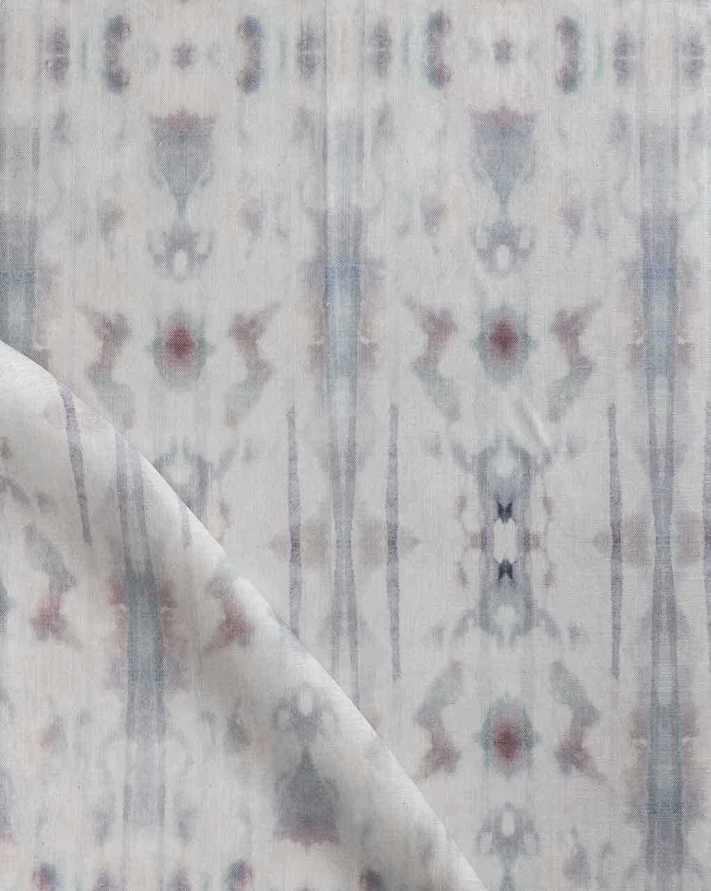 A close up of a white fabric with Biami Fabric pattern