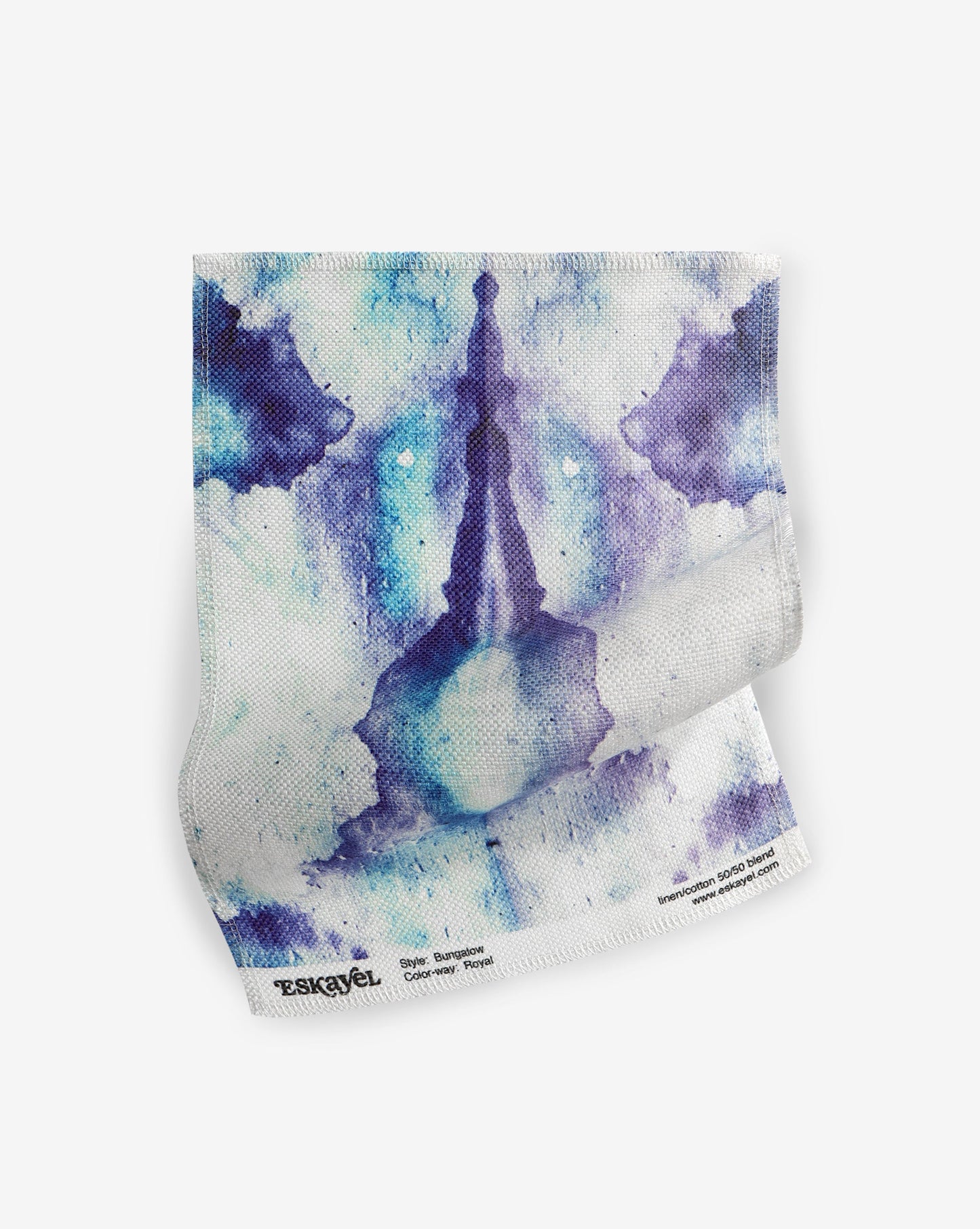 A luxury fabric adorned with a Bungalow Fabric Royal pattern, featuring blue and purple watercolor designs by Eskayel