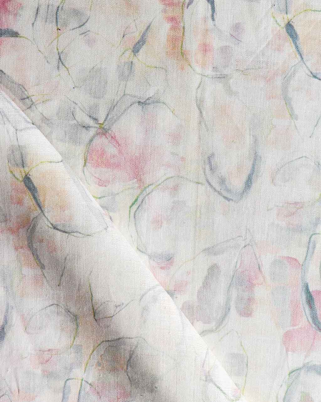 A close up of a white Canopy Fabric with pink and blue flowers on it, suitable for high-end canopy curtains