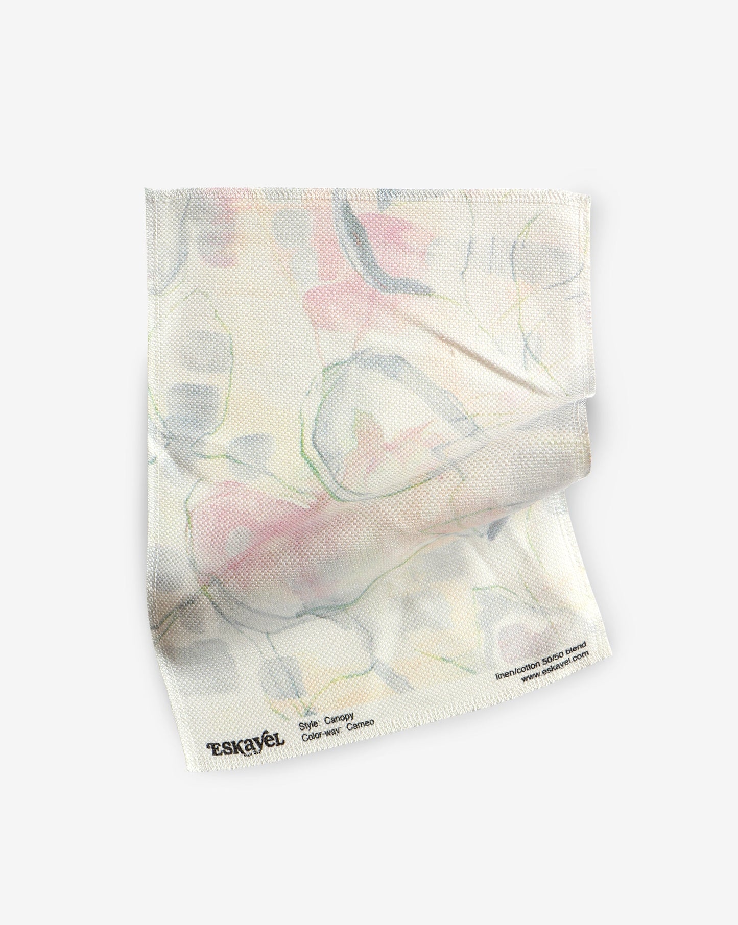 A white canopy fabric with pink and white flowers on it