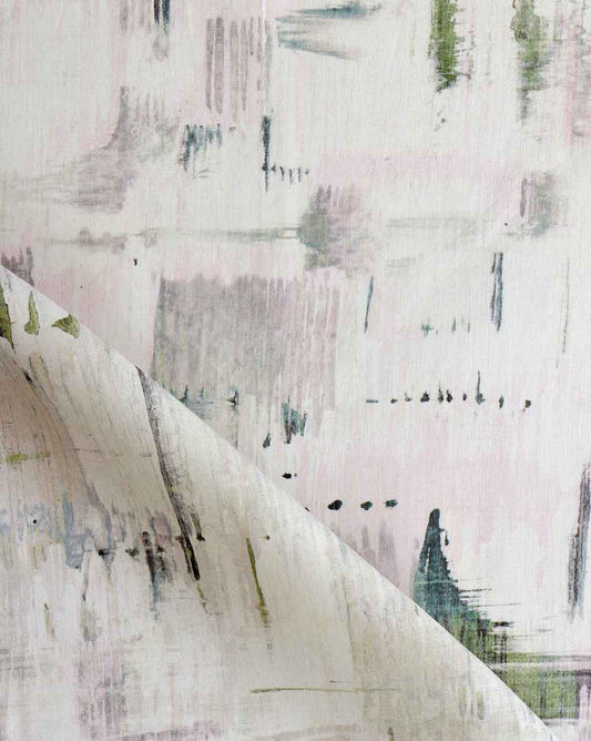 A close up of an abstract painting on a pink and green Cherifia Fabric or Duomo