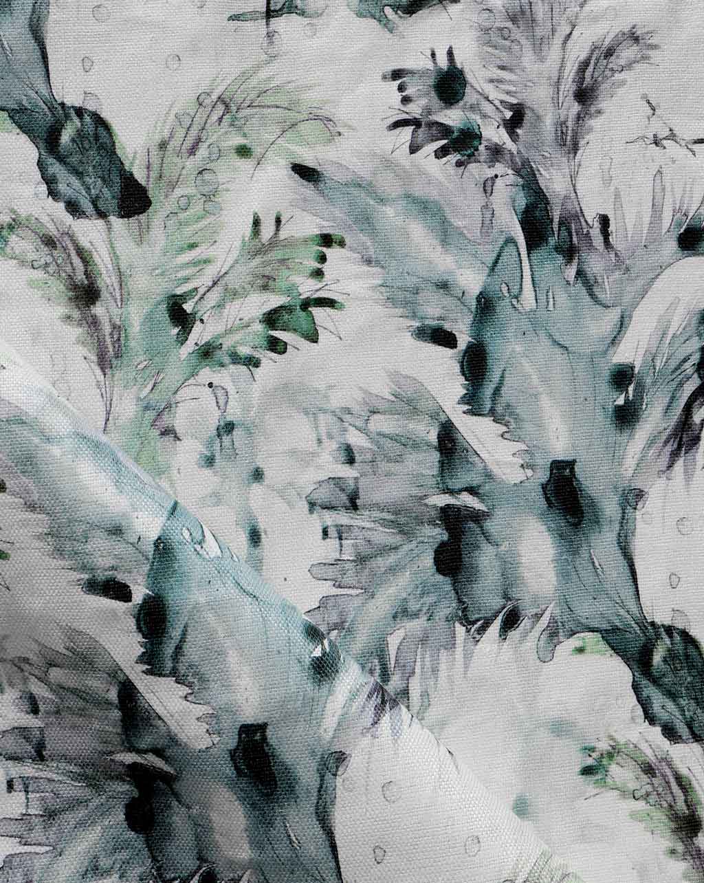 An image of a Cocos Fabric with a bird on it, featuring palm tree motifs