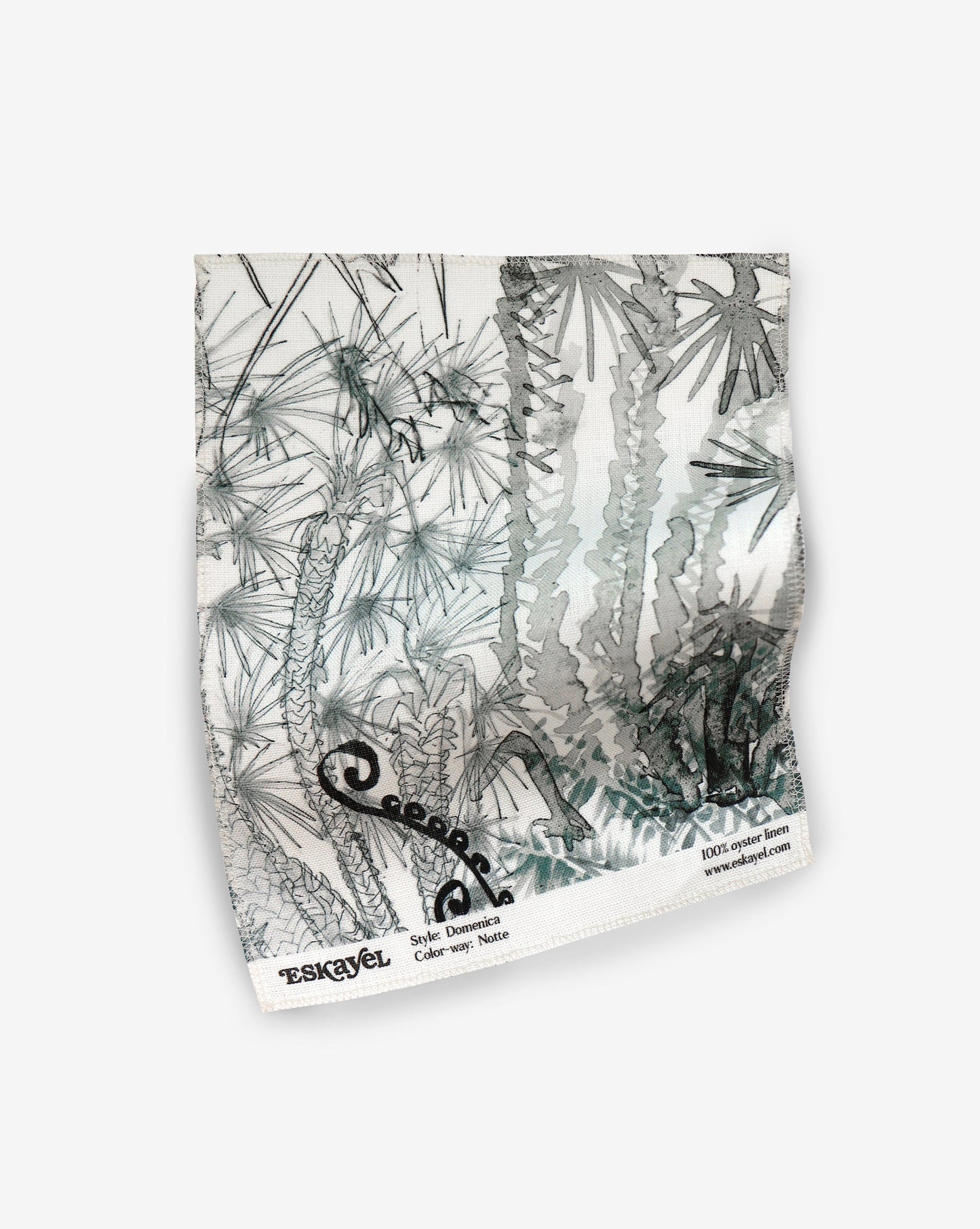 sample of a Domenica Fabric Sample Notte drawing of a palm tree on a white background