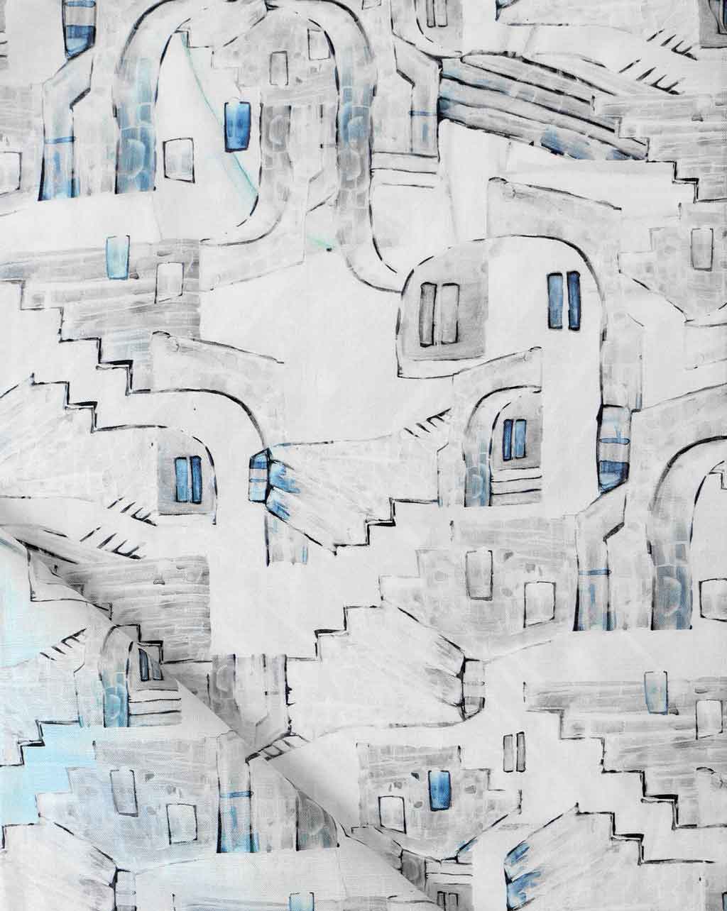 An image of a blue and white drawing on a piece of La Scala Fabric Notte