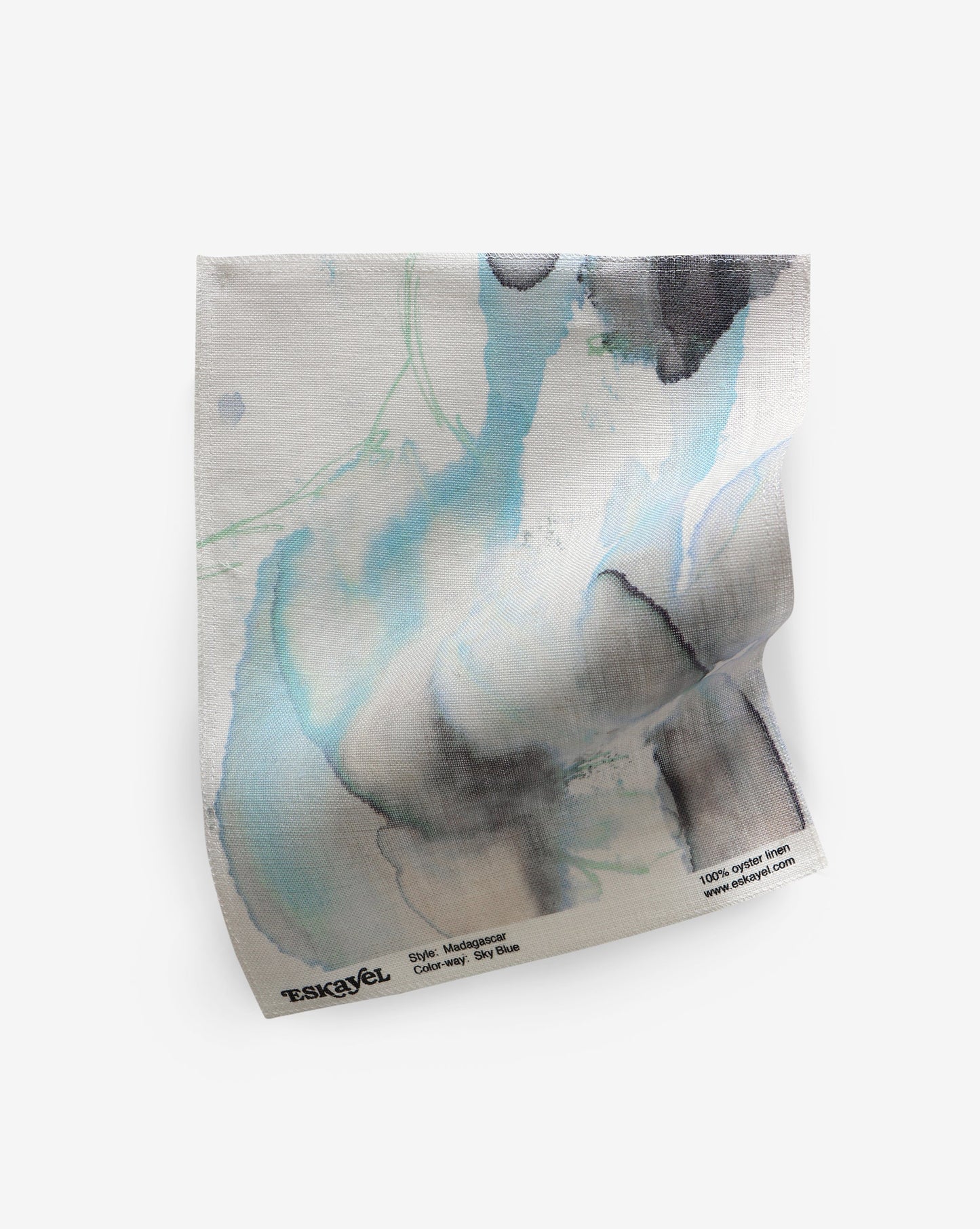 A blue and white painting on a white background that showcases high-end Madagascar Fabric Sky Blue pillows