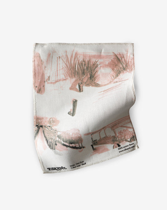 A pink and brown painting on an Out East Fabric Sample fabric