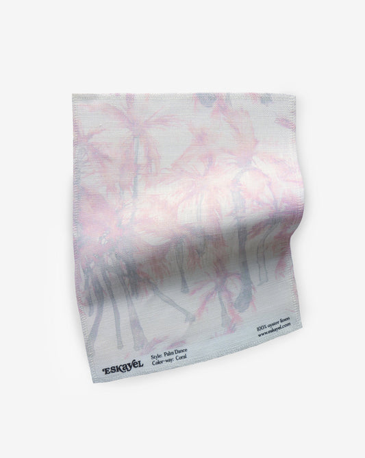 , please request a Palm Dance Fabric Sample Coral of the pink and white fabric with palm trees on it
