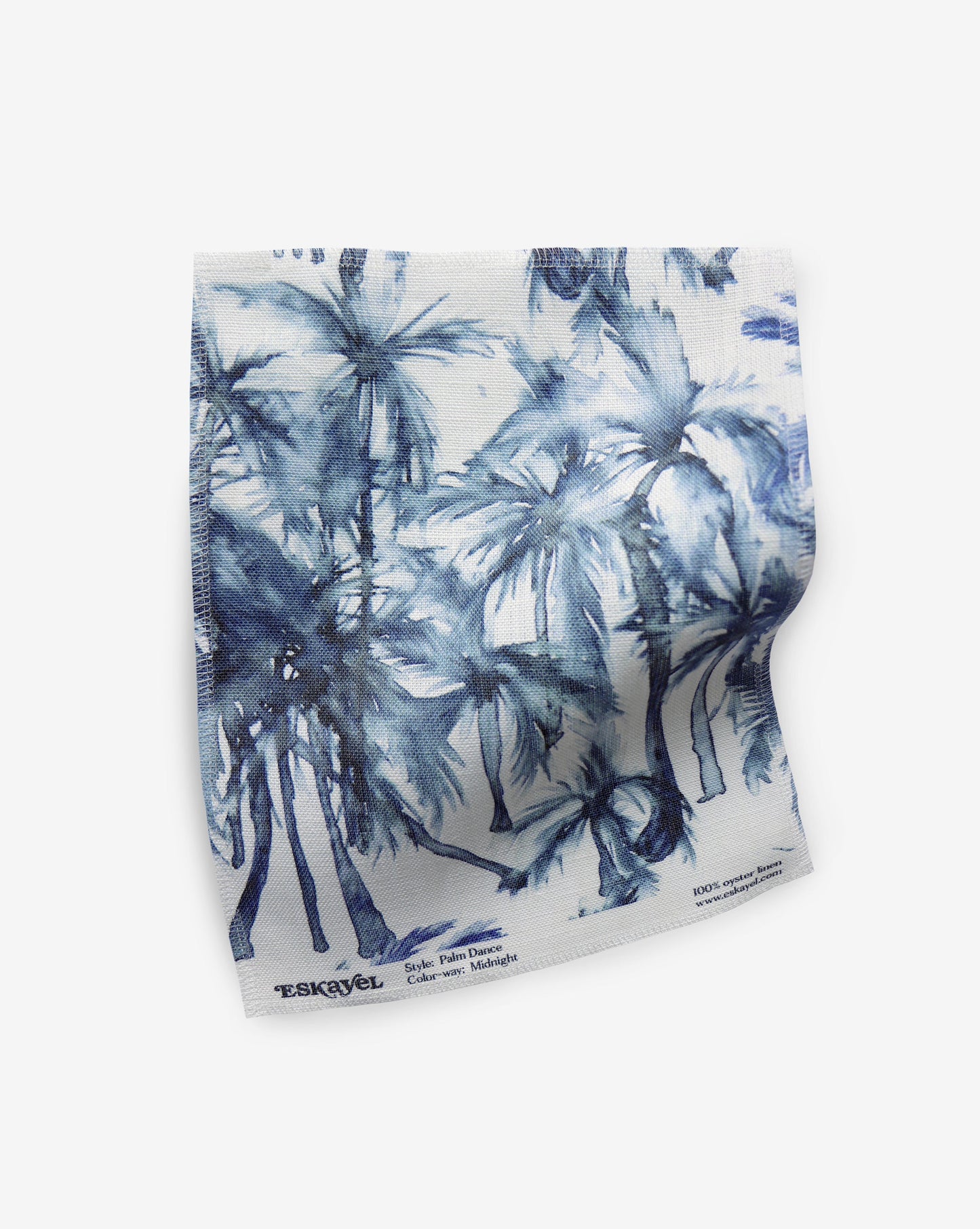 a sample of the Palm Dance Fabric Sample Midnight fabric with palm trees on it