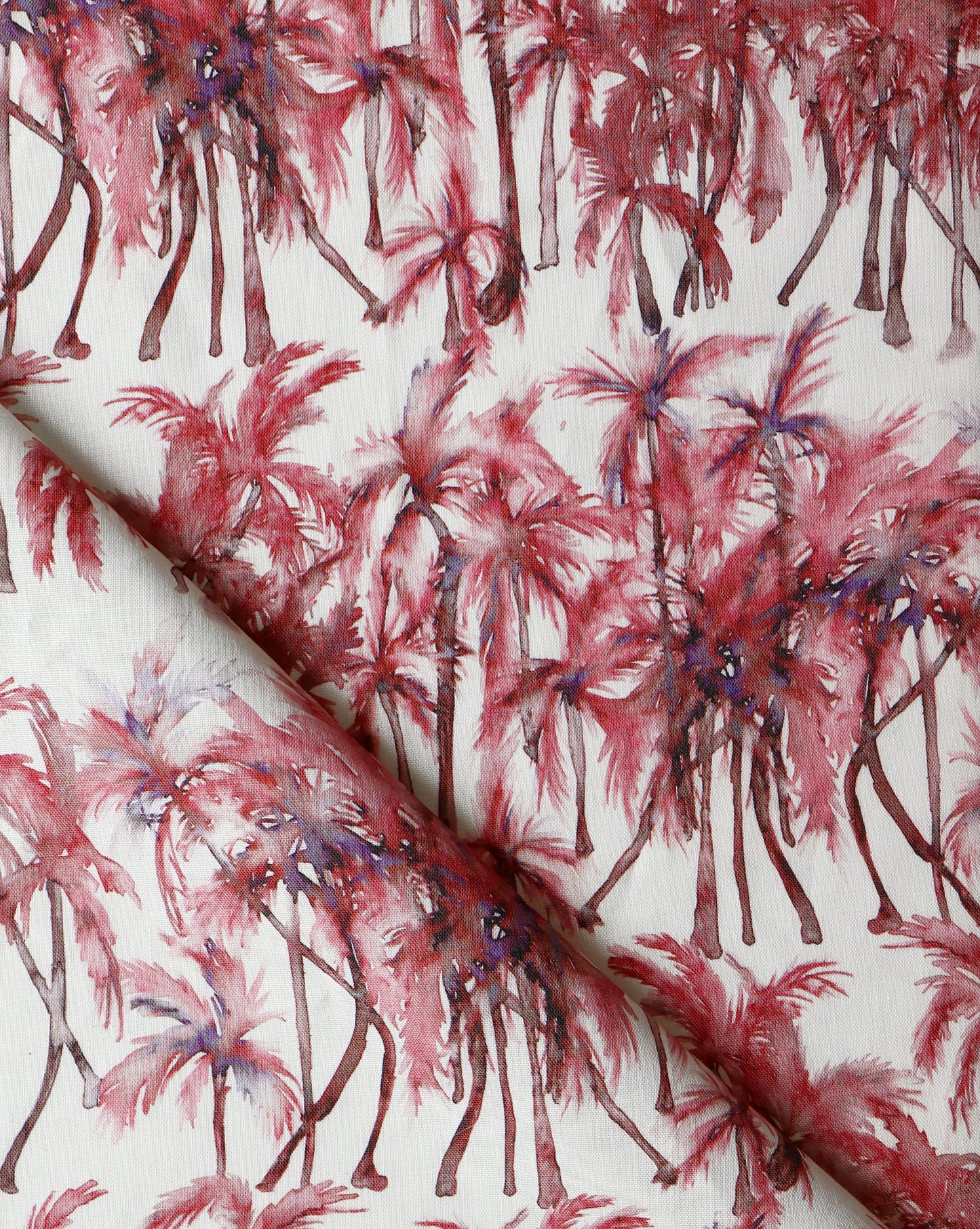 A pink and purple luxury Palm Dance Fabric Persimmon with palm trees on it