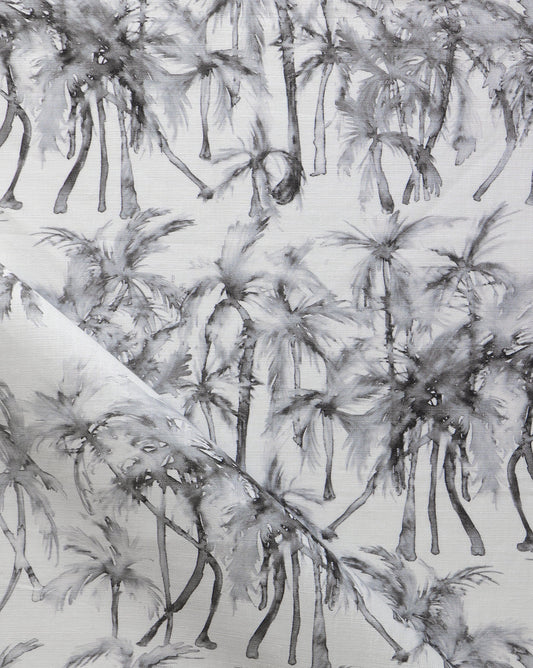 A black and white print of palm trees on Palm Dance Fabric Shadow