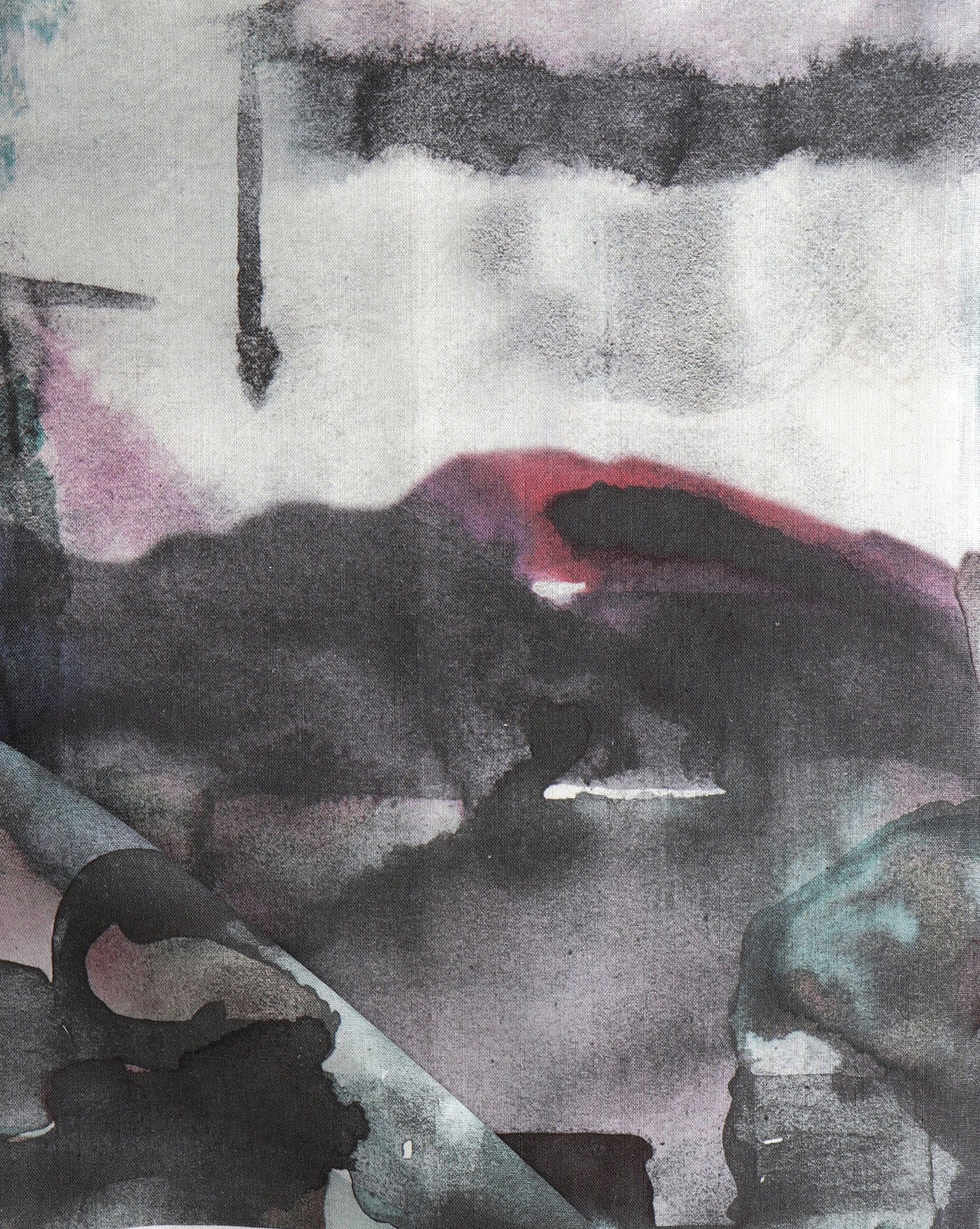 A painting of a mountain with a red sky made with Palmeraie Fabric||Tesoro.