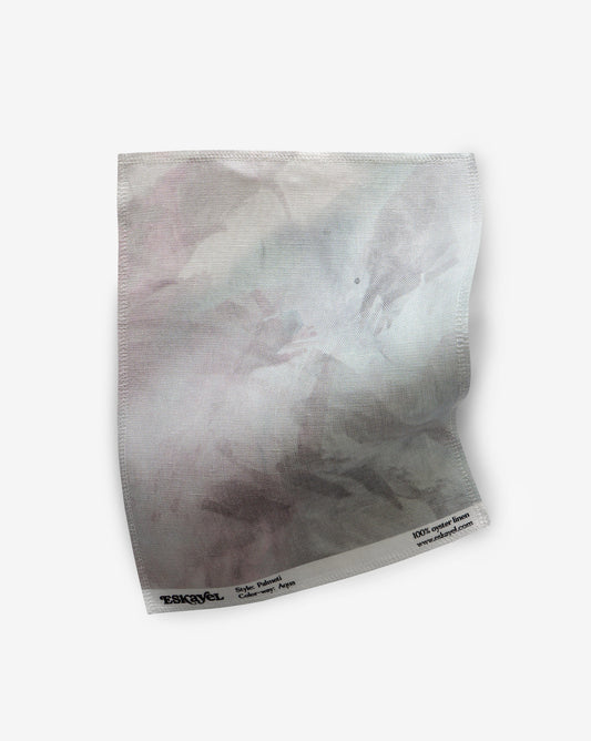An Palmeti Fabric Sample with a pink and gray pattern on it