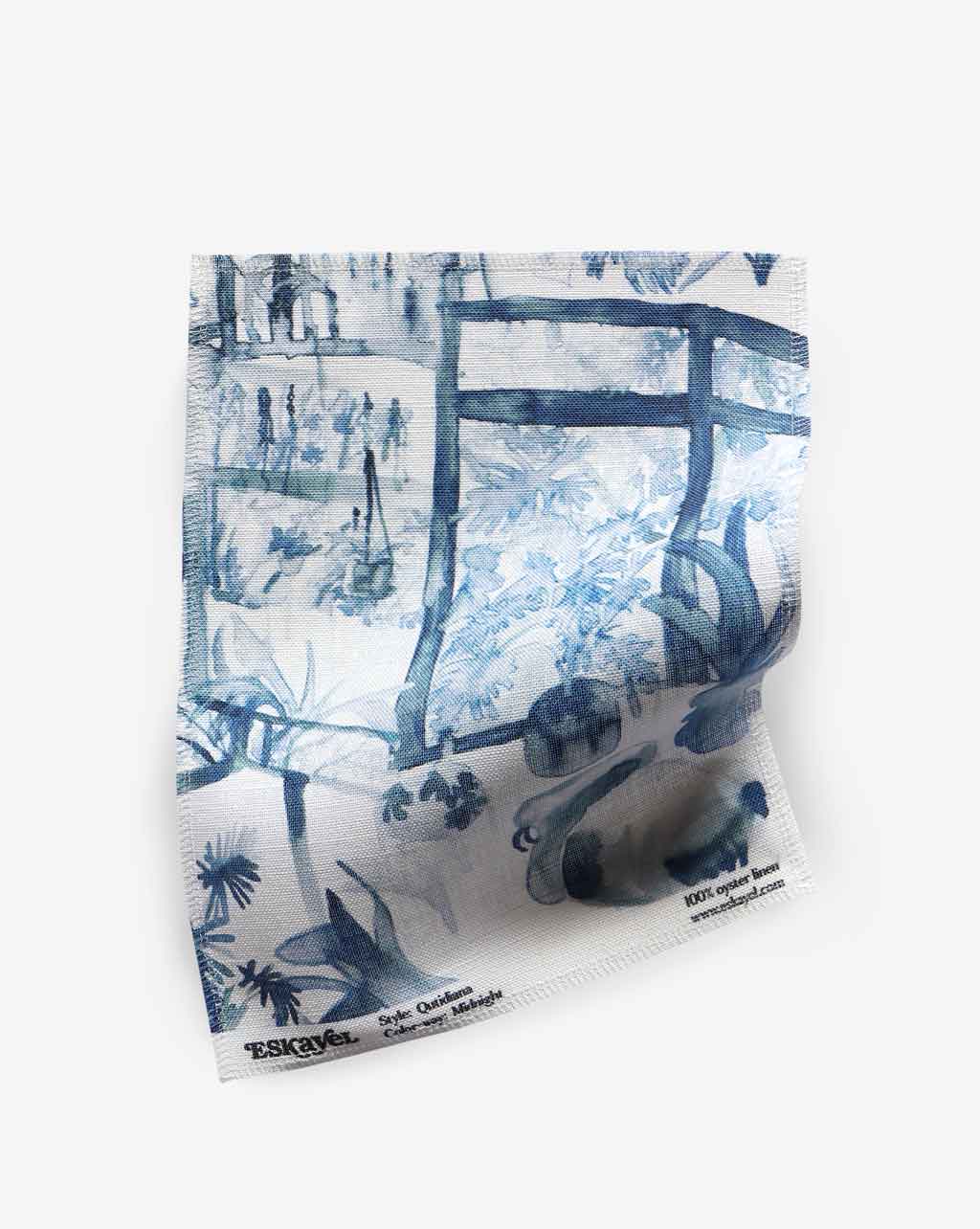 A blue and white print on a Quotidiana Fabric Midnight