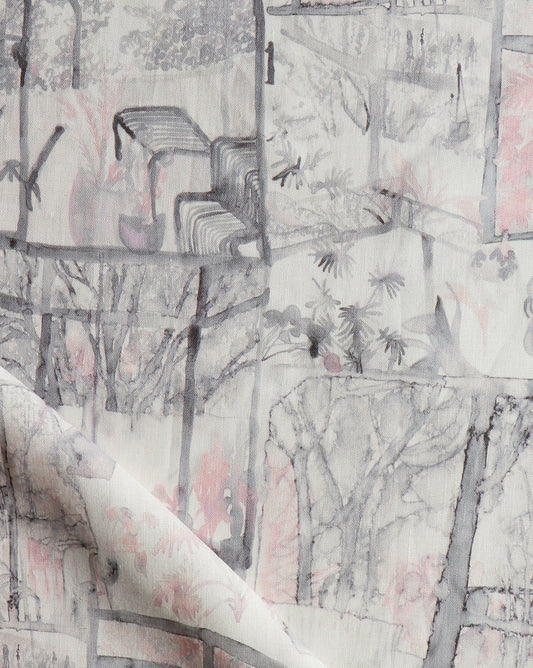 A close up of a piece of Quotidiana Fabric Pink island, featuring the Quotidiana pattern