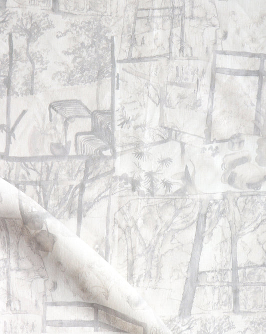 A white and grey Quotidiana Fabric Sand with a picture of a tree in neutral tones