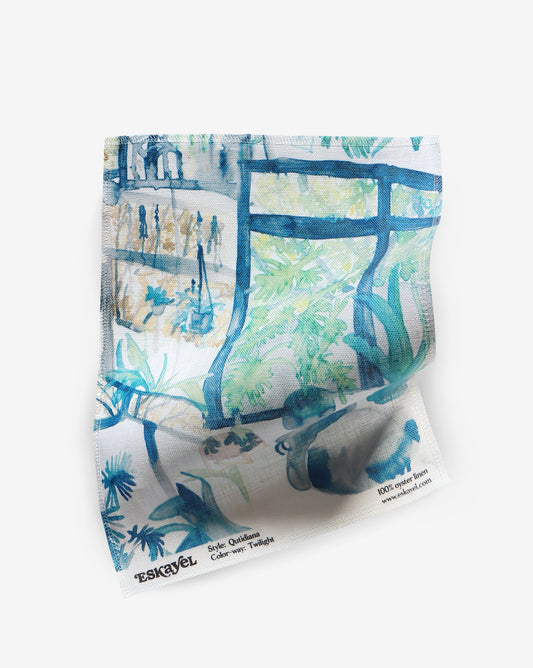 a Quotidiana Fabric Sample Twilight with a blue and white design on it