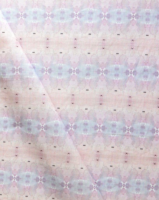 A close up of the Setting Sun Fabric Light Raspberry with an abstract design