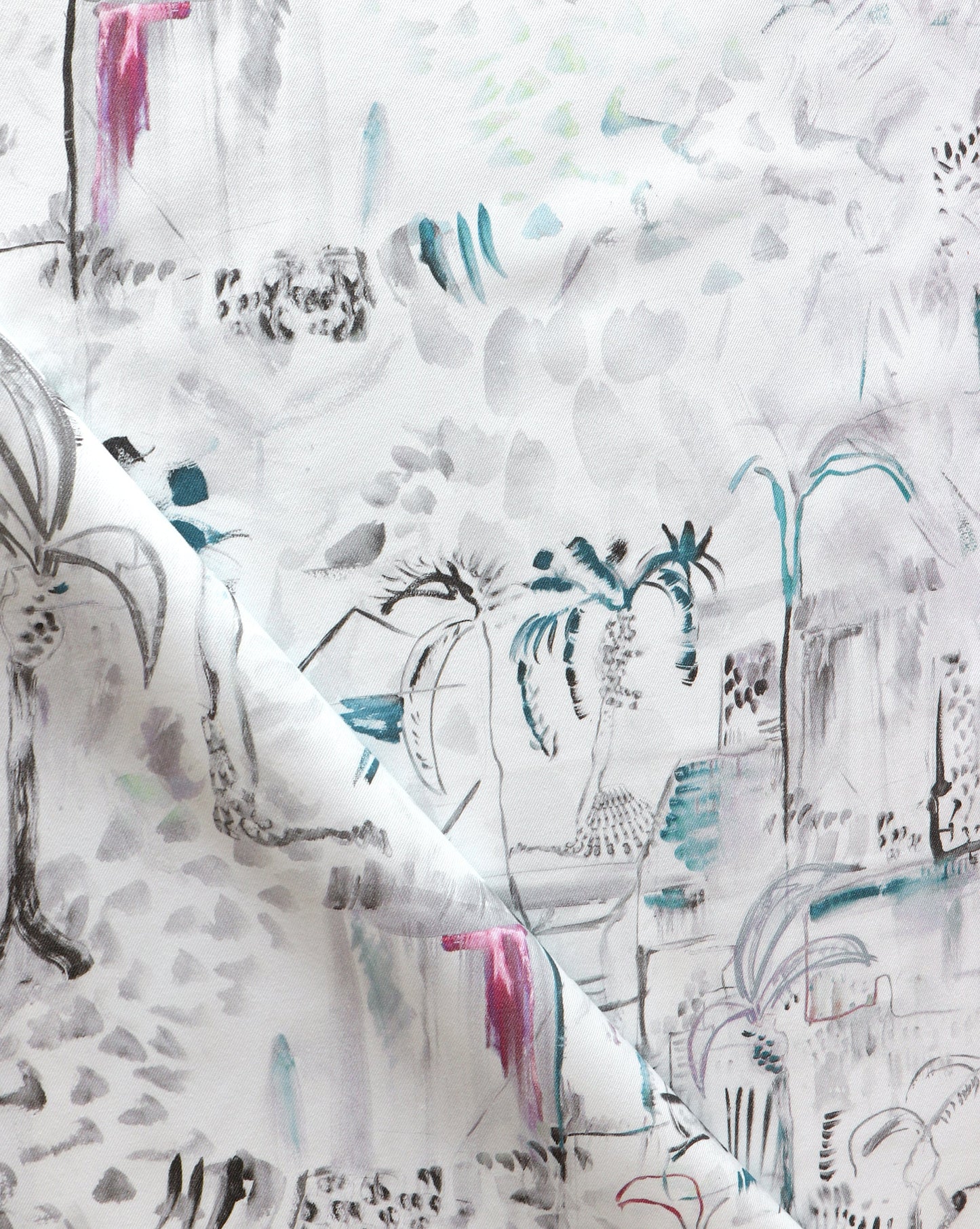 A white fabric with a drawing of palm trees and Souk Fabric Tesoro