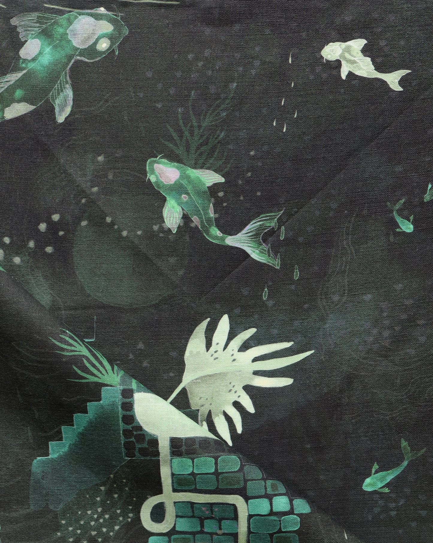 A Water Signs Fabric Emerald, a water-themed piece of high-end fabric with fish and plants on it