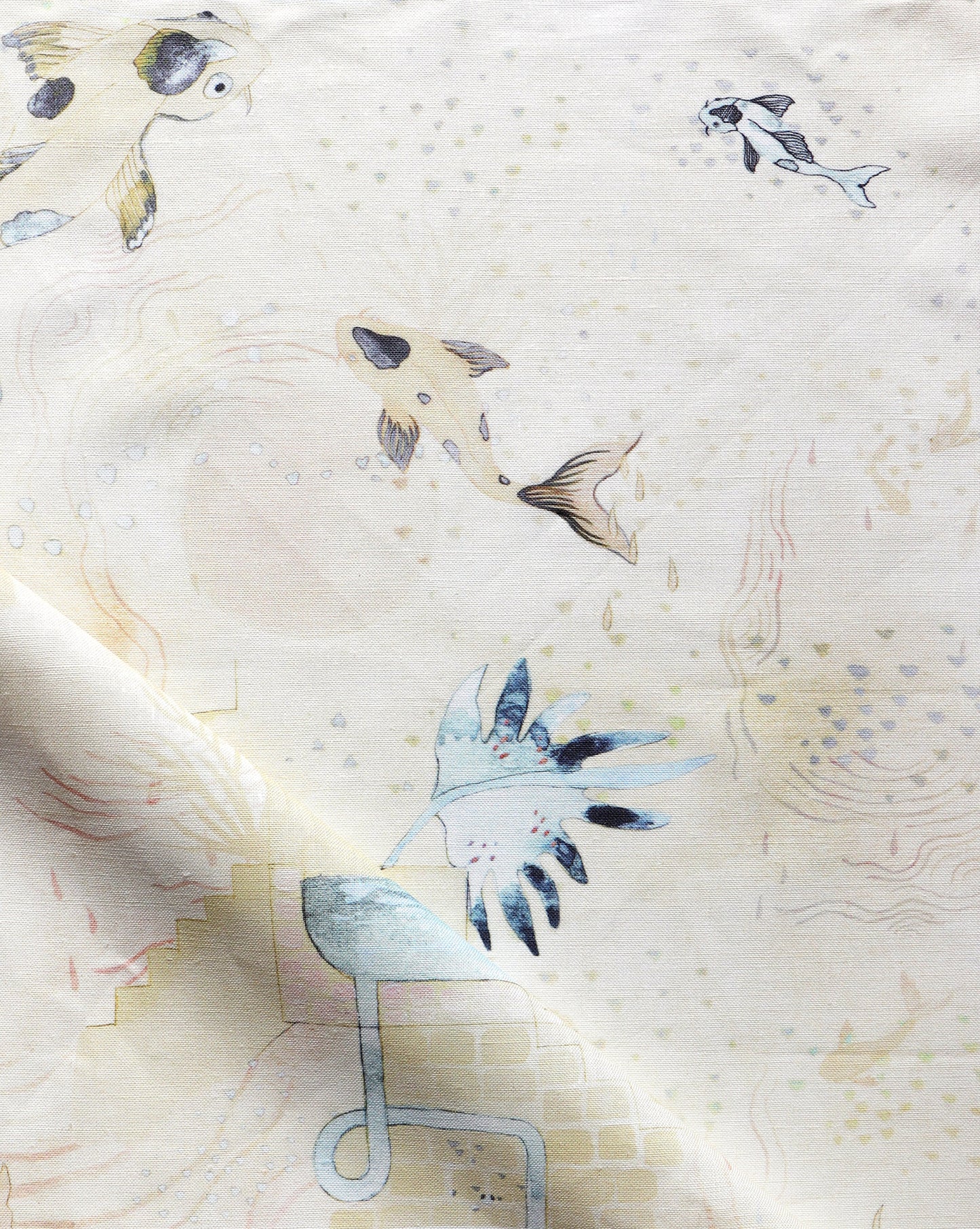A close up of Water Signs Fabric Sunshine with fish on it