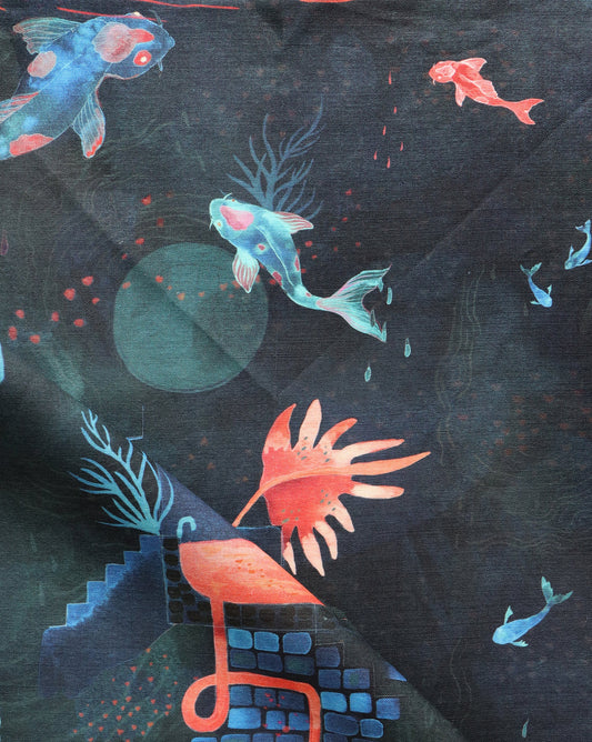 An image of Water Signs Fabric Turquoise with a koi fish on it