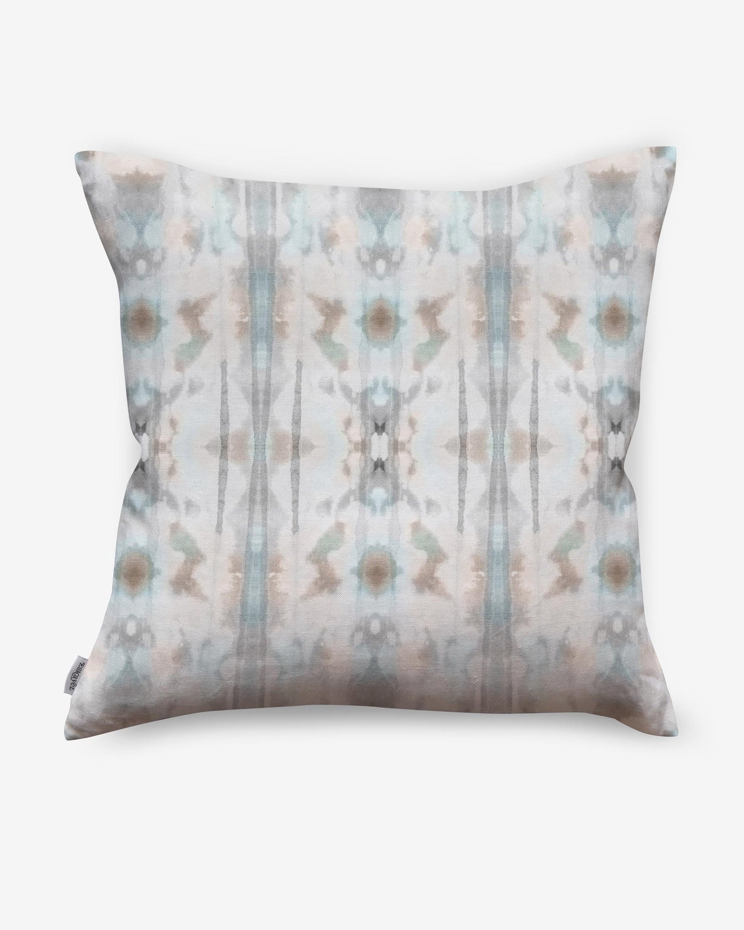 A Biami Pillow with a blue and beige Biami pattern on high-end fabric