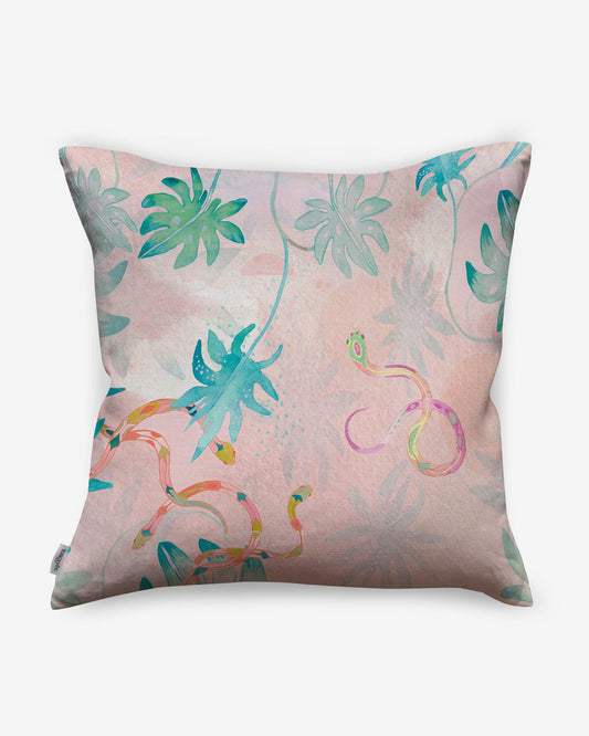 A pink and blue Edera Pillow Stucco with a chinoiserie-inspired pattern
