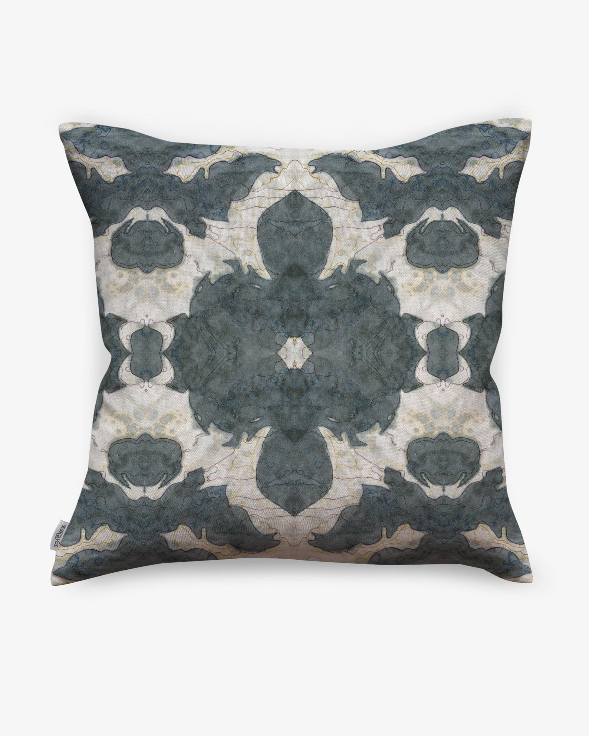 A cushion with a blue and white floral pattern made of fabric and feather pillows from the Lora Collection in the Olive colorway, The Dance Pillow Olive