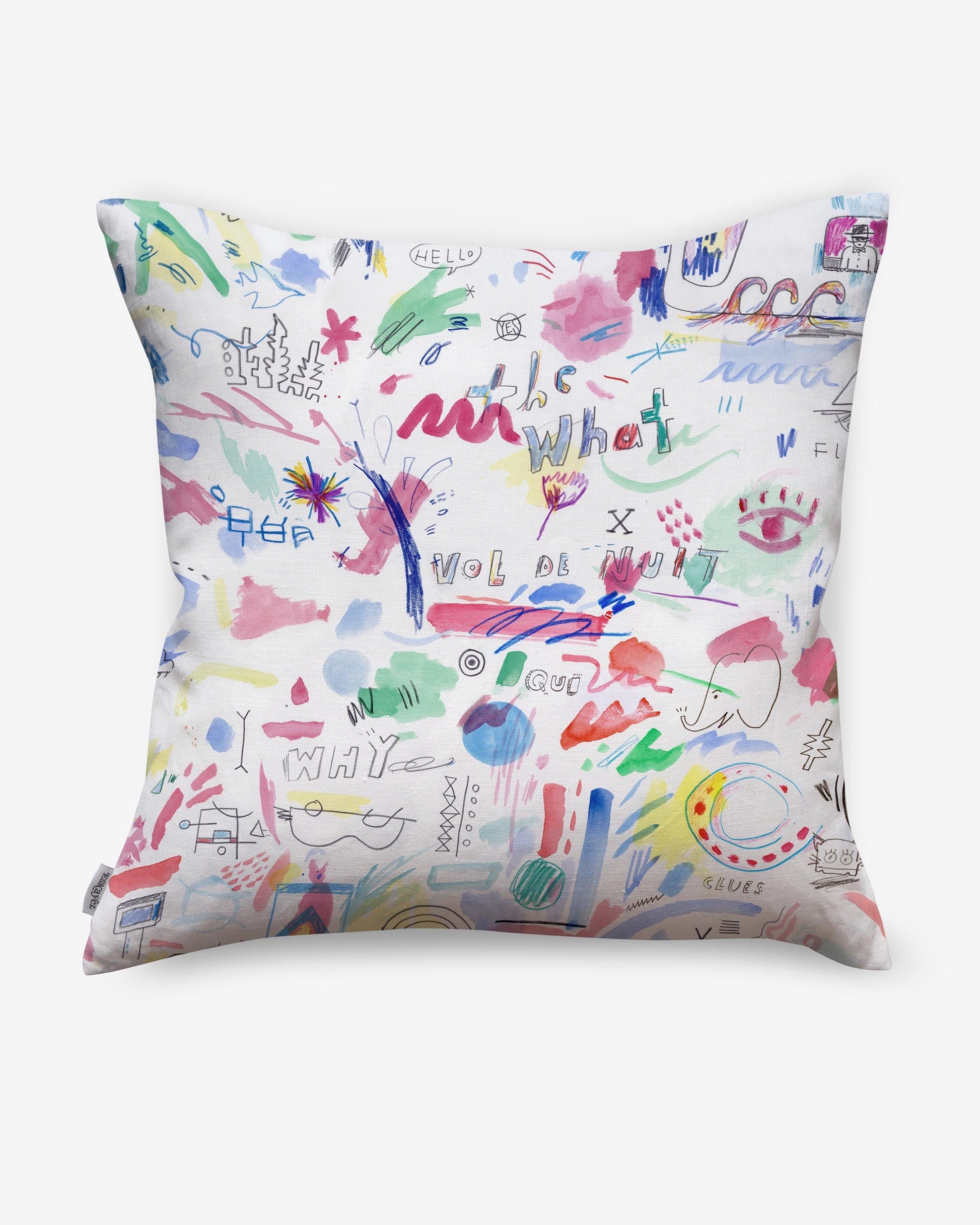 A Vol de Nuit Pillow Multi with a colorful drawing on it