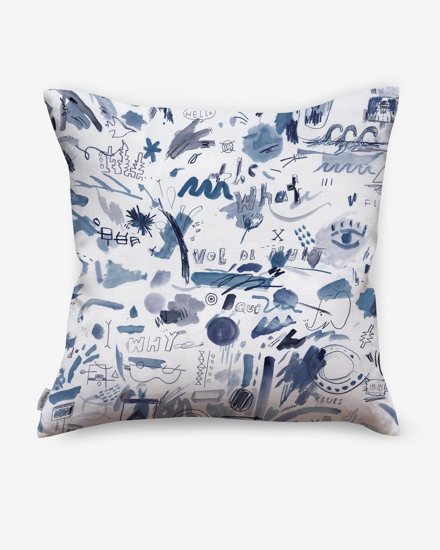 A luxury fabric Vol de Nuit Pillow with a blue and white Eskayel design on it