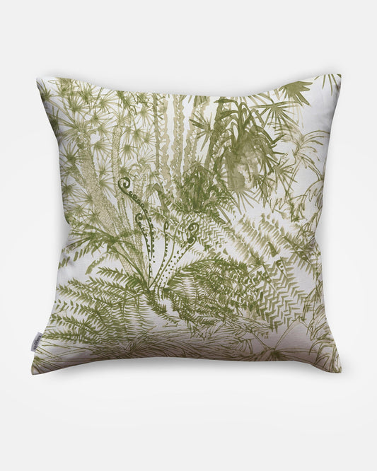 A luxury performance fabric Domenica Outdoor Pillow Brush from the Salentu Collection, featuring ferns on a green and white design