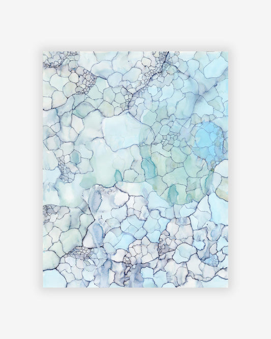 A blue and white Cracked Ice Print by Eskayel founder, an artist known for creating original artworks, on a white background