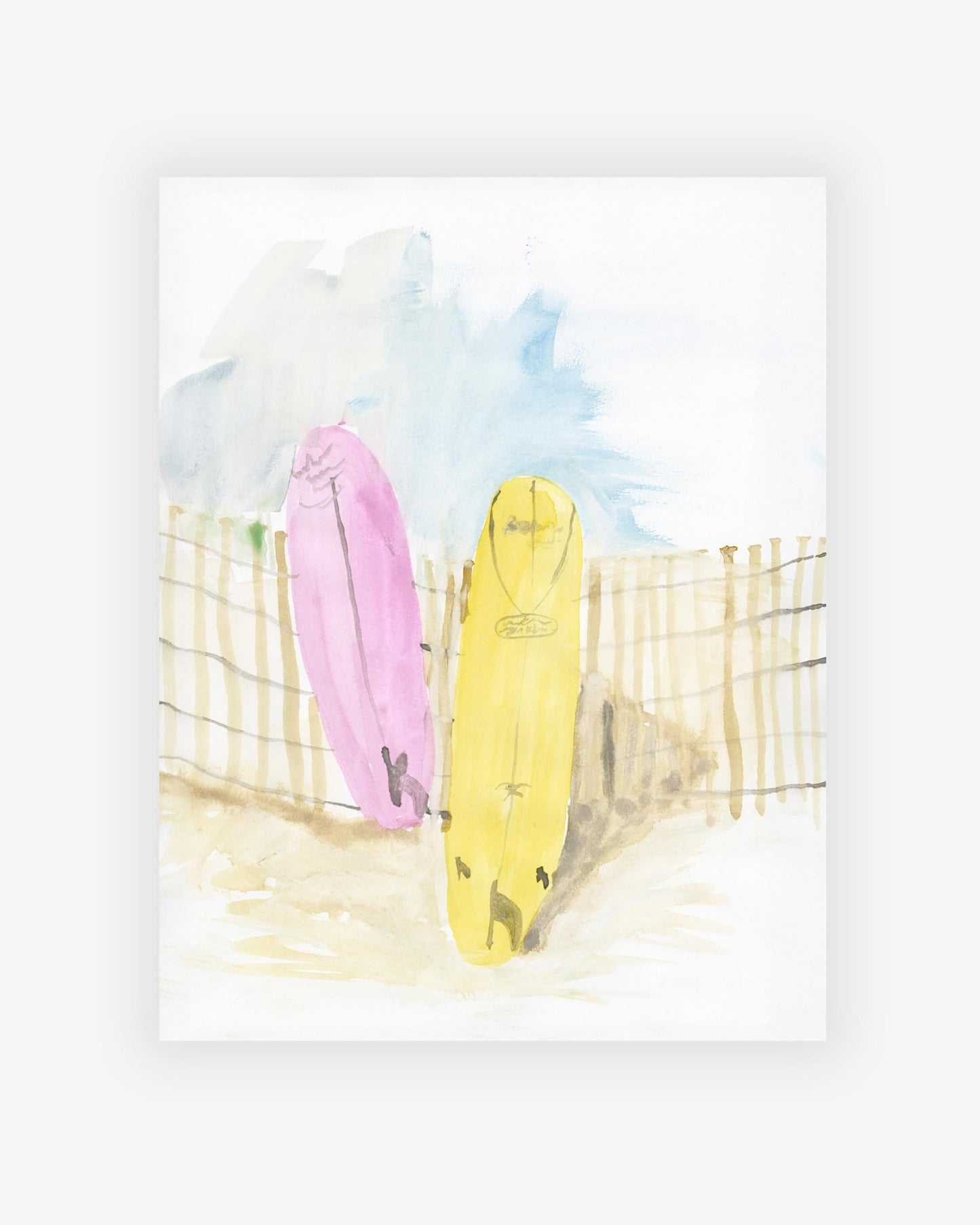 An artist created a Ditch Plains Print of two surfboards on a fence