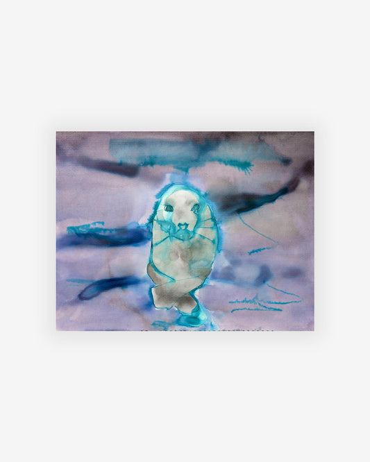 A painting of the Gray Seal Print, created by the Artist and Eskayel founder, on a blue background