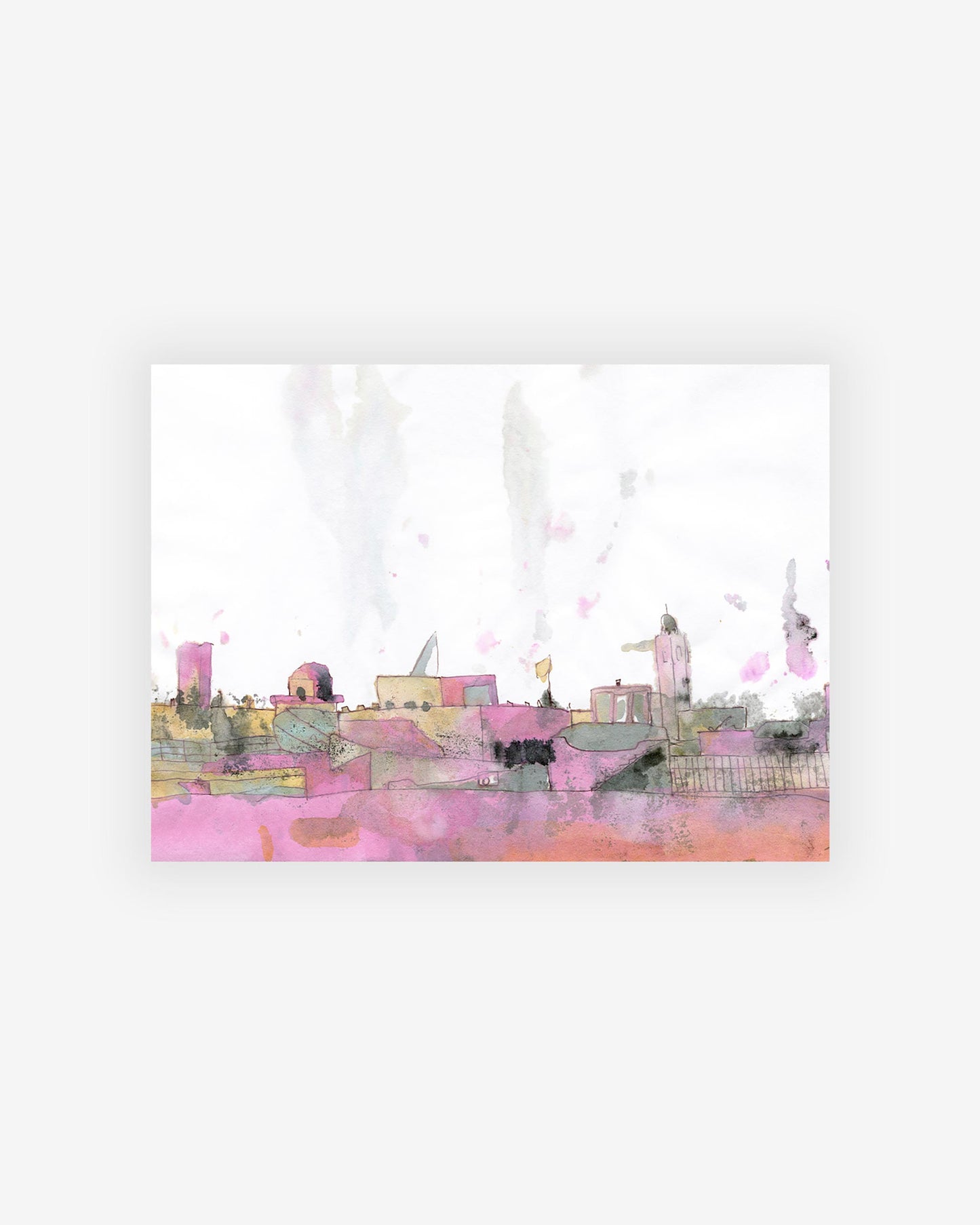 An artist's original Pink City Print of a city skyline